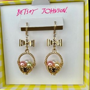 Betsey Johnson Easter basket dangle earrings with bow and faux pearl eggs